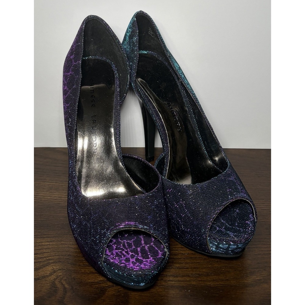 Chinese Laundry WMS Blue Purple Glitter Print Peep Toe Y2K Platform Heels 7